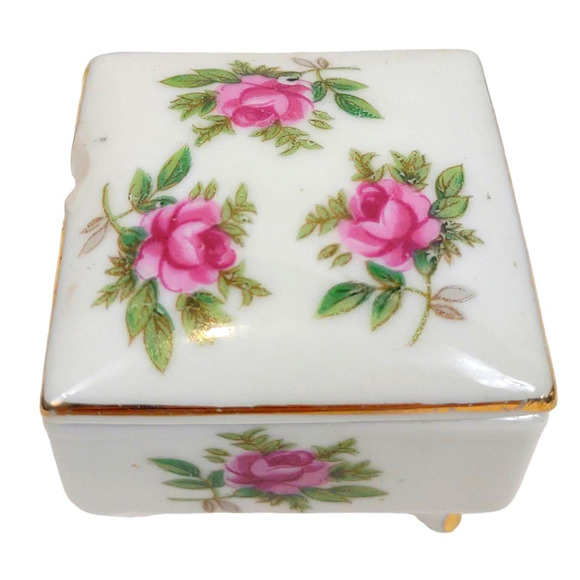 Gold Footed Japan Porcelain Trinket Box Hand Painted Roses Gold Trimmed Candle - Picture 4 of 7